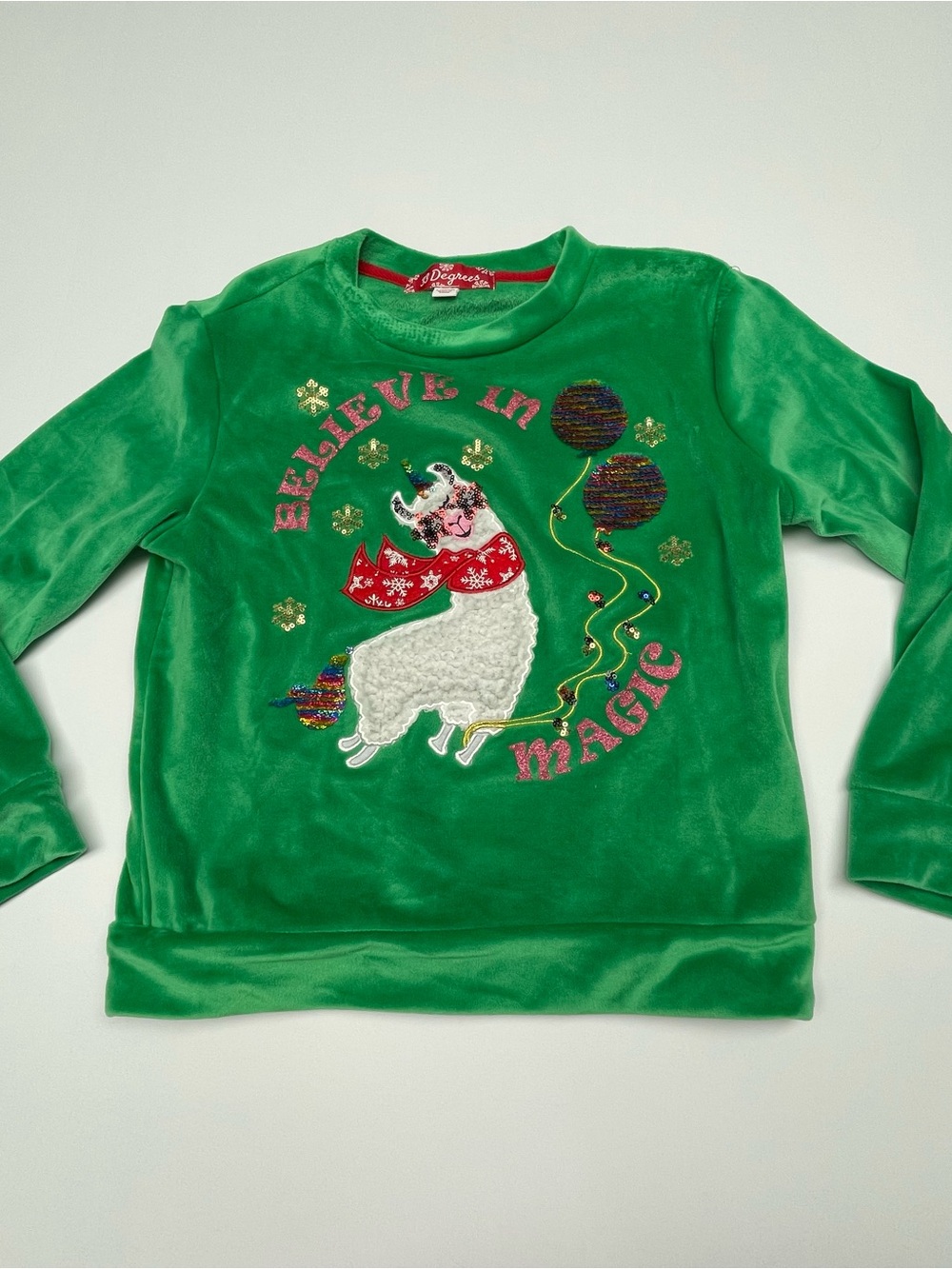 33 Degrees Christmas Sweatshirt Green Sequins Girl's Size Large (10-12)